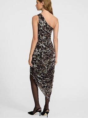 Express Mesh Leopard Natural Print One-Shoulder Asymmetrical Print Midi Dress